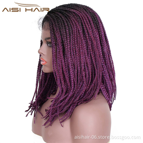 Aisi Hair Synthetic Braids Box Braids Lace Front Wig Long Straight Ombre Purple Glueless Lace Front Wigs For Black Women